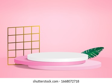 Background vector 3d pink rendering with podium and minimal pink wall scene, minimal abstract background 3d rendering abstract geometric shape pink pastel color. Stage for awards on website in modern.