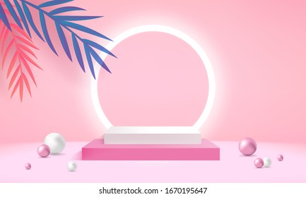 Background vector 3d pink rendering with podium and minimal pink wall scene, minimal abstract background 3d rendering abstract geometric shape pink pastel color. Stage for awards on website in modern