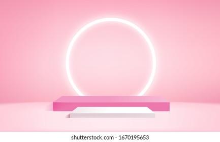 Background vector 3d pink rendering with podium and minimal pink wall scene, minimal abstract background 3d rendering abstract geometric shape pink pastel color. Stage for awards on website in modern