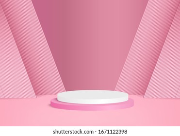 Background vector 3d pink rendering with podium and minimal pink wall scene, minimal abstract background 3d rendering abstract geometric shape pink pastel color. Stage for awards on website in modern.