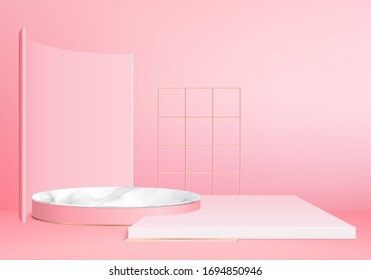 Background vector 3d pink rendering with marble podium and minimal pink wall scene, abstract background 3d rendering abstract geometric shape pink pastel color. Stage for awards on website in modern.