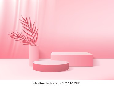 Background vector 3d pink rendering with podium and minimal pink wall scene, minimal abstract background 3d rendering abstract geometric shape pink pastel color. Stage for awards on website in modern.