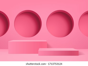 Background vector 3d pink rendering with podium and minimal pink wall scene, minimal abstract background 3d rendering abstract geometric shape pink pastel color. Stage for awards on website in modern.