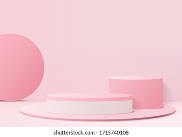 Background vector 3d pink rendering with podium and minimal pink hearts scene, minimal valentine background 3d rendering geometric shape pink hearts pastel rendering. Stage for product love valentine