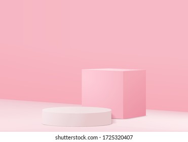 Background vector 3d pink rendering with podium and sloping floor wall scene, minimal abstract background 3d rendering abstract geometric shape pink pastel color. Stage for awards on website in modern