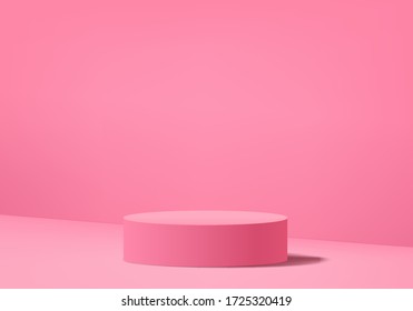 Background vector 3d pink rendering with podium and sloping floor wall scene, minimal abstract background 3d rendering abstract geometric shape pink pastel color. Stage for awards on website in modern