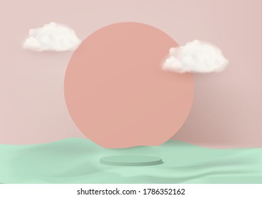 Background vector 3d pink rendering with podium on green and minimal cloud pink pastel scene, minimal abstract cloud background 3d pink render geometric shape. Stage for awards in pink cloud 3d summer