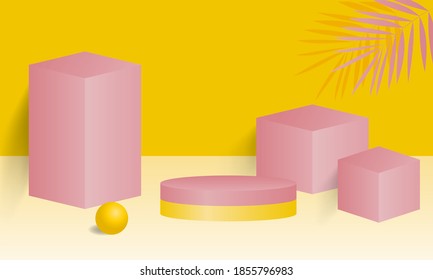 background vector 3d pink rendering with podium and minimal yellow pastel wall scene, minimal abstract background 3d rendering abstract geometric shape pink pastel, stand or pedestal for show product.