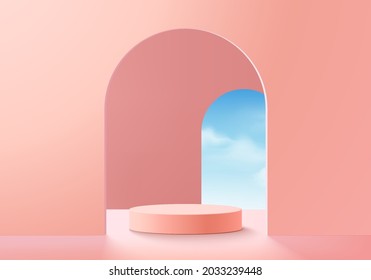 Background vector 3d pink rendering with podium and minimal cloud scene, minimal product display background 3d rendered geometric shape sky cloud pink pastel. Stage 3d render product in platform