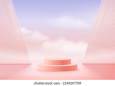 Representación 3d de color rosa vectorial de fondo con podio y escena de nube mínima  fondo mínimo de visualización de producto 3d forma geométrica nube de color rosa pastel de forma 3d  Fase 3d producto de representación en plataforma