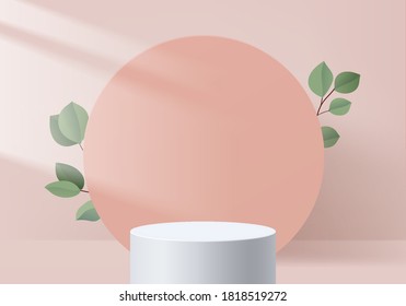 Vector de fondo 3d de renderización rosa con podio y escena estival rosada mínima con hojas  fondo abstracto 3d de forma geométrica abstracta color pastel rosa  Escenario para mostrar cosméticos de productos 