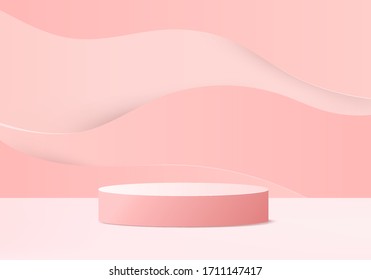 Background vector 3d pink valentine rendering with podium and minimal pink wall scene, minimal product podium background 3d rendering abstract geometric shape pink pastel. Stage 3d for product lover