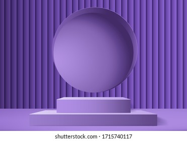 Hintergrund Vektorillustration 3D violettes Rendering mit Podium und minimaler violetter Wandszene, minimaler abstrakter Hintergrund 3D-Darstellung abstrakter geometrischer Form violetter Pastellfarbe. Stufe der Auszeichnungen in der Moderne.