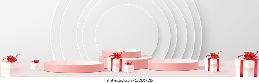 Background vector 3d rendering with podium white scene, minimal abstract background  geometric shape pastel podium and giftbox.