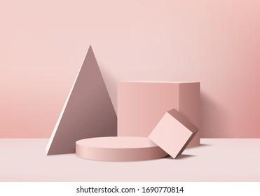 Background vector 3d rose gold rendering with podium and minimal  rose gold scene, minimal abstract background 3d rendering geometric shape pink pastel color. Stage for awards on website in modern.
