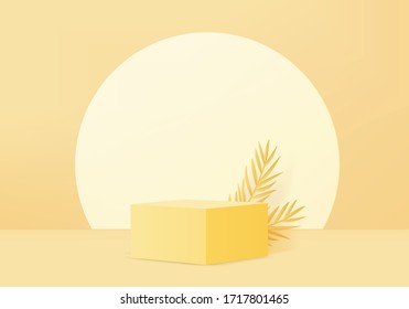 Background vector 3d yellow rendering with podium and minimal orange scene, minimal abstract background 3d rendering geometric shape yellow pastel color. Stage for awards on website in modern.