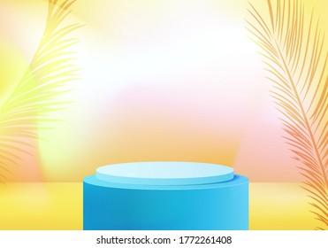 Background vector 3d yellow rendering with blue podium and minimal yellow scene, minimal abstract background 3d rendering geometric shape yellow pastel color. Stage for product summer in modern.