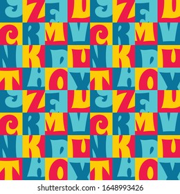 Background vector abstract design. Geometric seamless pattern in blue, red, yellow colors. Decorative wallpaper. Font typography mosaic. Vector illustration.