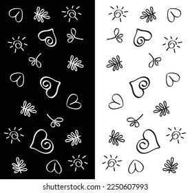 ilustración en blanco y negro del vector de fondo: valentina, icono del amor, icono del sol, icono del corazón, icono de la mariposa, hoja, bello y elegante
