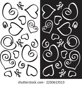 background vector black and white illustration: valentine, love icon, heart icon, butterfly icon, leaf, beautiful and elegant
