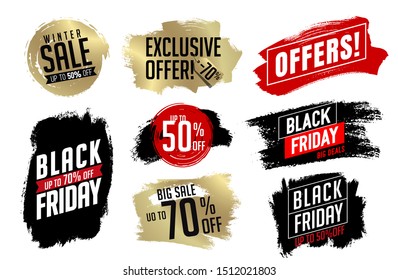 Background vector brush strokes for black Friday designs, offers, sales, discounts. For promotion in advertisements, banners, brochures, posters, coupons. Golden, black, red and white colors. Vector 