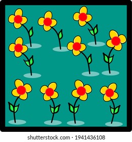 background vector bunch of flowers with yellow petals and green leaves on green background