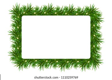 Background with vector christmas tree branches and space for text. Realistic fir-tree border, frame on sparkling background for christmas cards, banners, flyers, party posters.