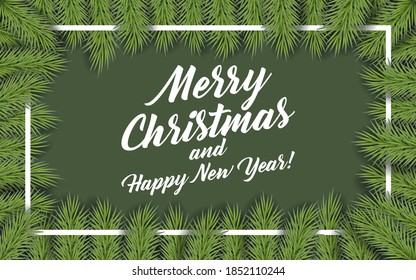 Background with vector christmas tree branches and space for text. Realistic fir-tree border, frame isolated on white. Great for christmas cards, banners, flyers, party posters.
