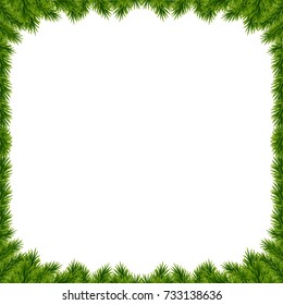 Background with vector christmas tree branches and cospy space for text. Realistic fir-tree border, frame isolated on white. Great for christmas or new year greeting cards, banners, flyers, posters.
