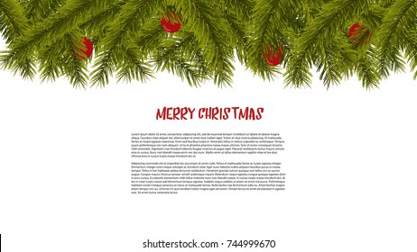 Background with vector Christmas tree branches and space for text. Realistic fir-tree pine tree border, frame isolated on white. Holiday cards, banners, flyers, party posters. Vector illustration.