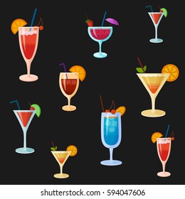 Background with vector cocktails. Flat style summer cocktails