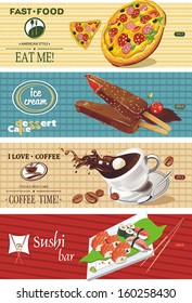 Background vector with coffee cup, pizza, ice cream and sushi. Vector illustration