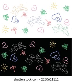 background vector colorful and white illustration: valentine text, love icon, heart icon, butterfly icon, leaf, beautiful and elegant