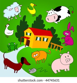 Background vector composed of a beautiful farm and lots of animals around stylized