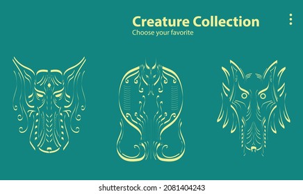 background vector design art symbol graphic illustration social magic mythology fantasy collection face wild monster cartoon set mystic object gorgon myth website wallpaper cute comic character
