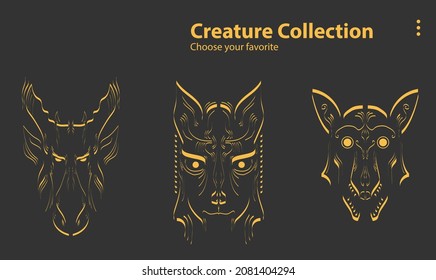 background vector design art symbol graphic illustration social magic mythology fantasy collection face wild monster cartoon set mystic object gorgon myth website wallpaper cute comic character