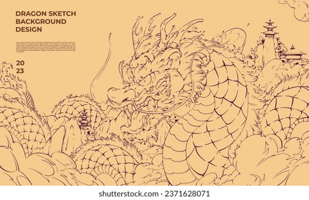 Background vector design, dragon sketch in Chinese style, with dummy text. Perfect for baground banner, advertisement, flayer, etc.