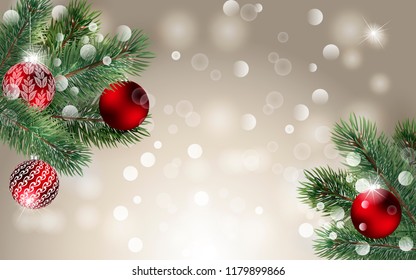 Background with vector Detailed christmas tree branches and red Christmas balls. Vector New Year design for cards, banners, flyers, party posters, headers, invitation.