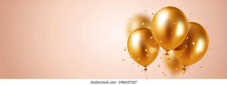 Background vector with festive realistic 3d balloons with ribbon. Celebratory design with gold colored balloons on pink strewn with glittering confetti. Stylish poster, cover, banner, site, mobile app