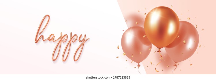 Background vector with festive realistic 3d balloons with ribbon. Celebratory design with gold colored balloons on pink strewn with glittering confetti. Stylish poster, cover, banner, site, mobile app