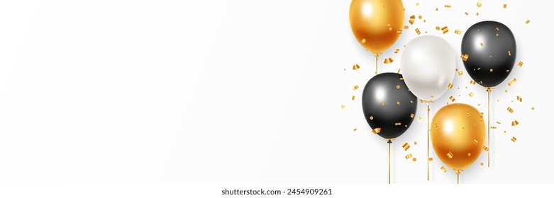 Background vector with festive realistic 3D balloons with ribbon. Decorative realistic objects for poster, banner.