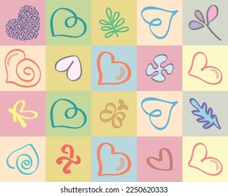 background vector full color illustration on colorful squares: valentine, love icon, heart icon, butterfly icon, leaf, beautiful and elegant