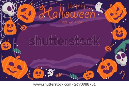 Background Vector Happy Halloween: Trick or Treat Night, Spooky Fun Halloween Frame, Pumpkins, Skulls, and Ghosts Border