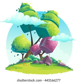Ilustração vetorial de fundo de árvores abstratas sob as nuvens no gramado com rochas, grama, folhas