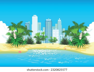 Background vector illustration of a big city with skyscrapers, city beach with palm trees sand and blue sea with waves.