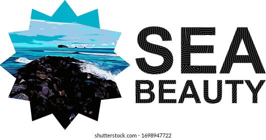BACKGROUND VECTOR ILLUSTRATION, BLUE SYMBOL, SPLASH PAINT, SEA BEAUTY WORDS DESIGN, FOR t shirt, Screen printing, fabric.