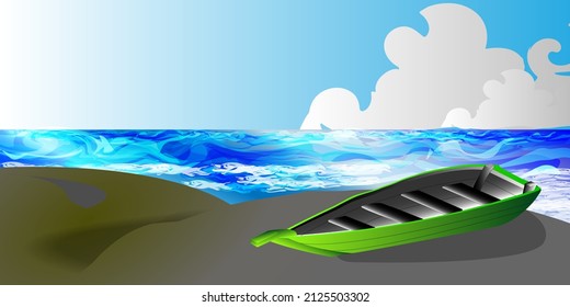 background vector illustration boat on the beach with ocean wave and blue sky