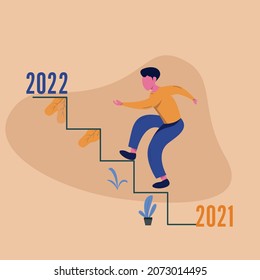 Background vector illustration,. businessman are currently on the stairs leading up to 2022. flat design style. suitable for landing page, UI, animation, news