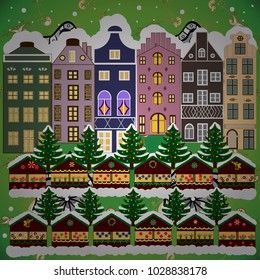 Background. Vector illustration. Christmas winter scene. Evening village winter landscape with snow cove houses.