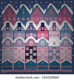 Background. Vector illustration. Christmas winter scene. Evening village winter landscape with snow cove blue and neutral houses.